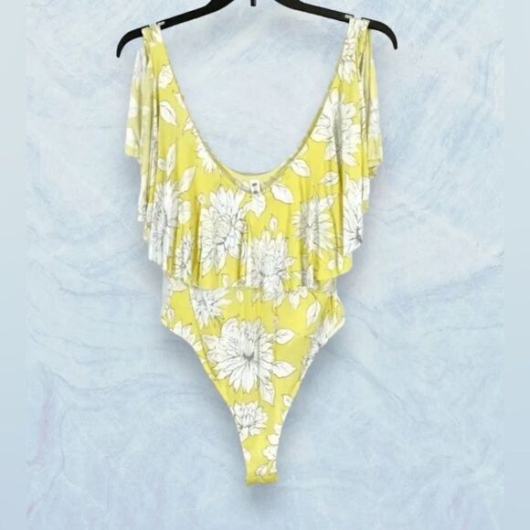 BP floral ruffle deep V neck bodysuit yellow white size XL NWT - Picture 1 of 7